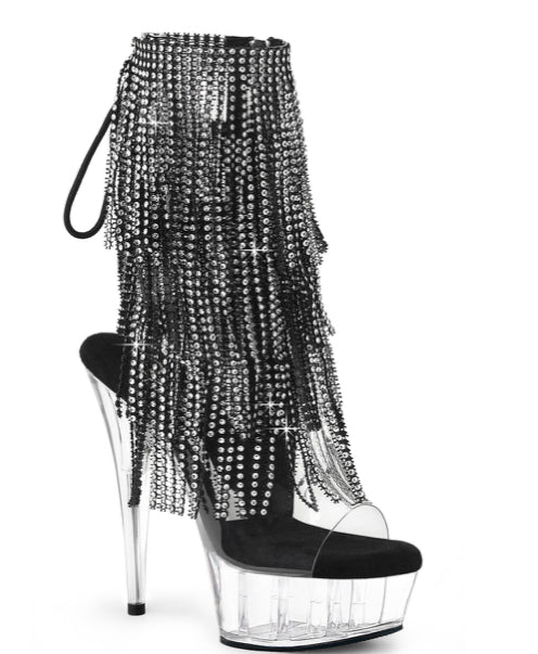 Black/Clear ankle fringe boots