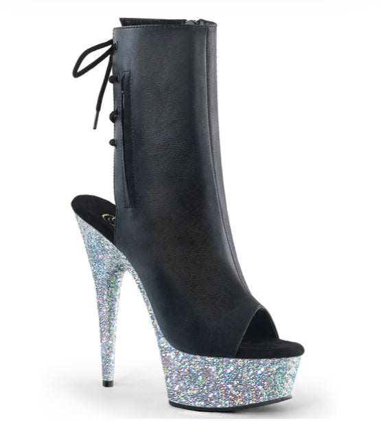 Black faux leather/diamond bottom ankle boot