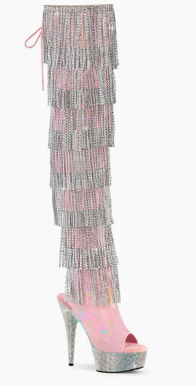 Pink patent holographic thigh high diamond bottom fringe boots