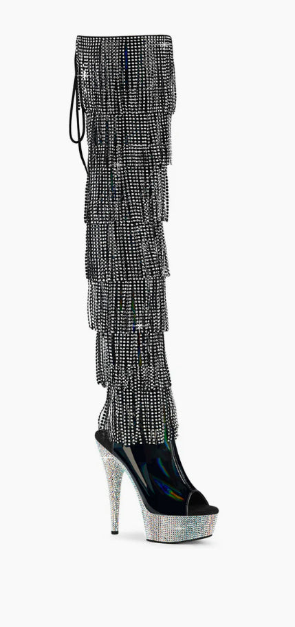 Black patent holographic thigh high diamond bottom fringe boots