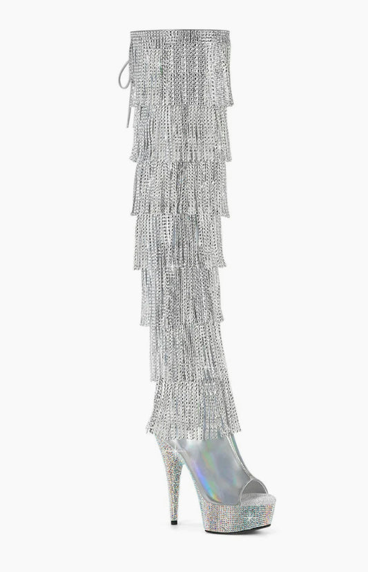 Silver patent holographic thigh diamond bottom fringe boots