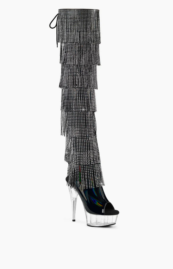 Black patent holographic thigh high clear bottom fringe boots