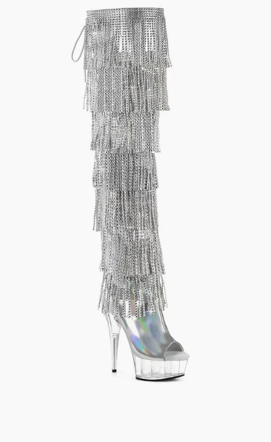 Silver holographic thigh high clear bottom fringe boots